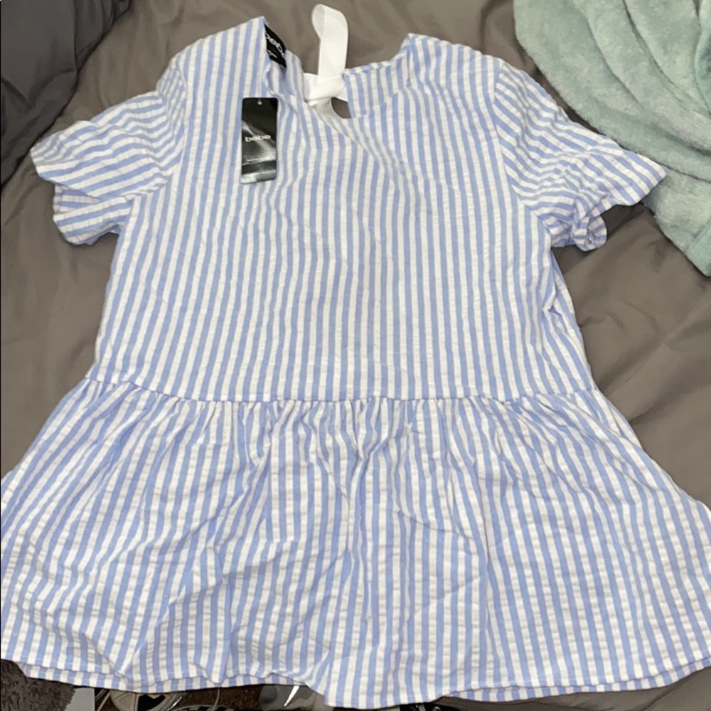 Bebe Blue and White Stripe Pepblum tie back Top